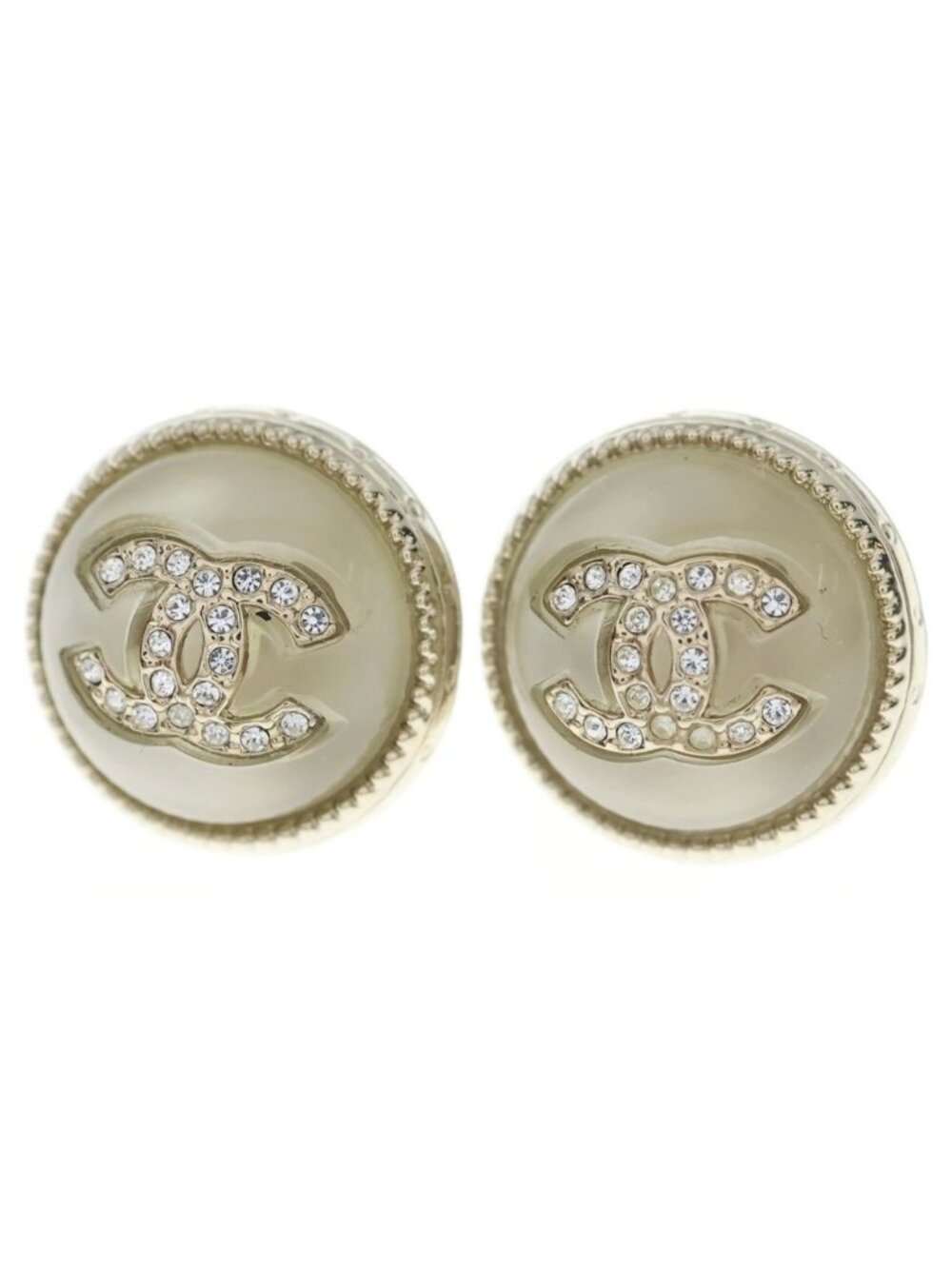 Chanel CC Logo Rhinestone Pearl Round Earrings Gold White